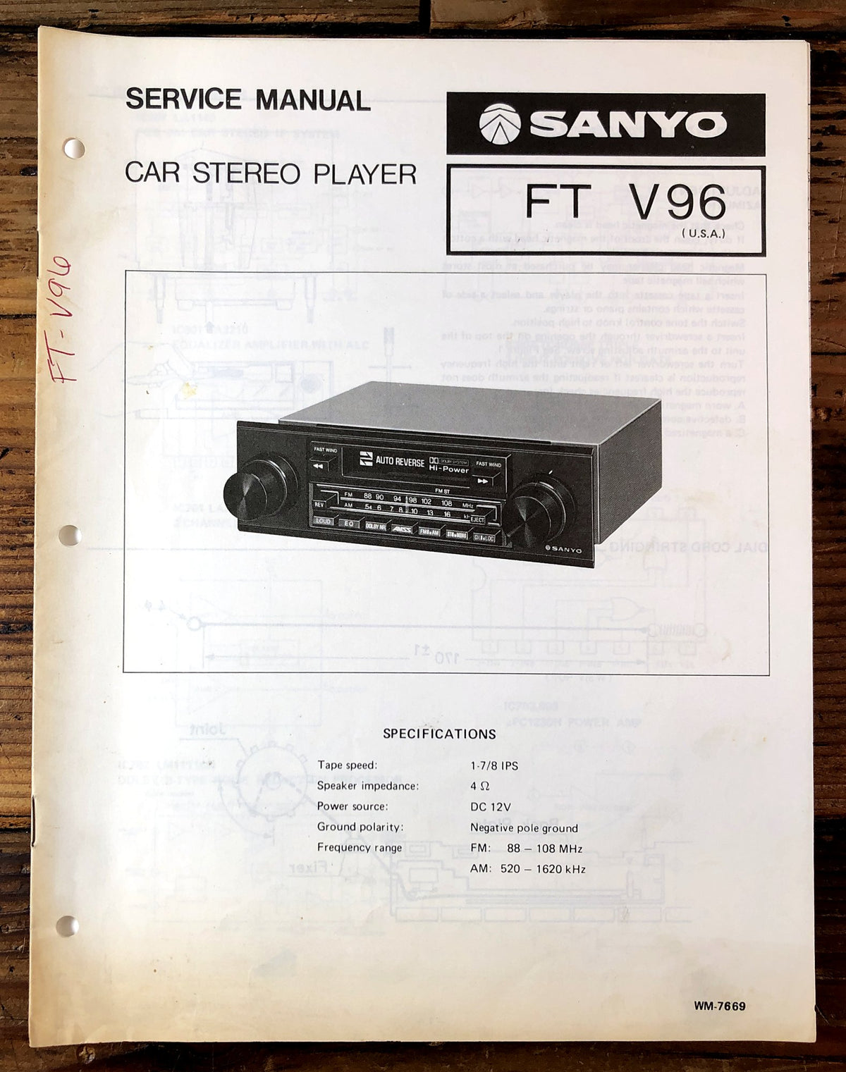 Sanyo FT V96 Car Stereo Player Service Manual *Original*