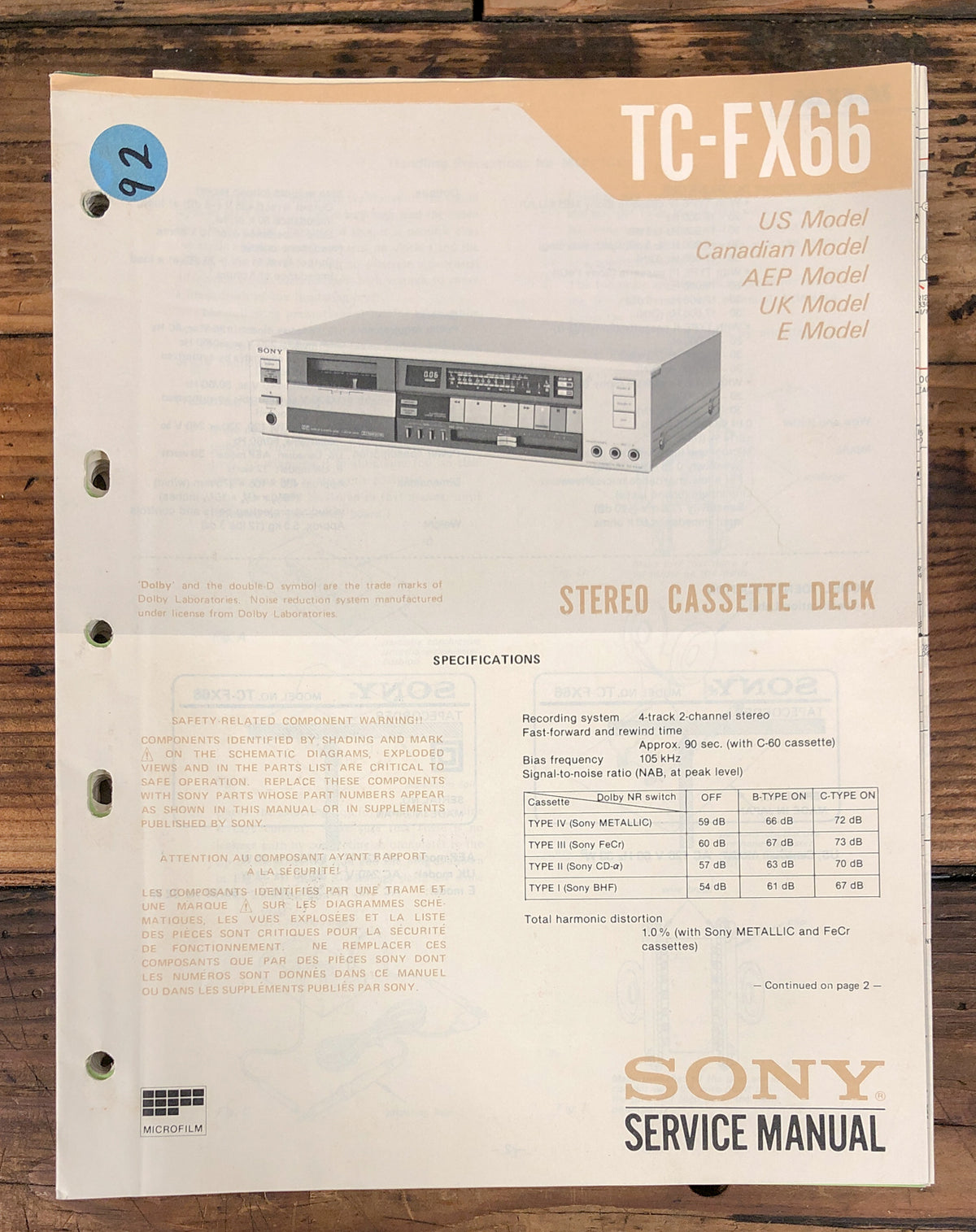Sony TC-FX66 Cassette Service Manual *Original*
