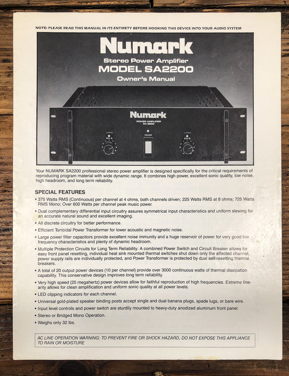 Numark SA2200 SA-2200 Amplifier Owners / User Manual *Original*