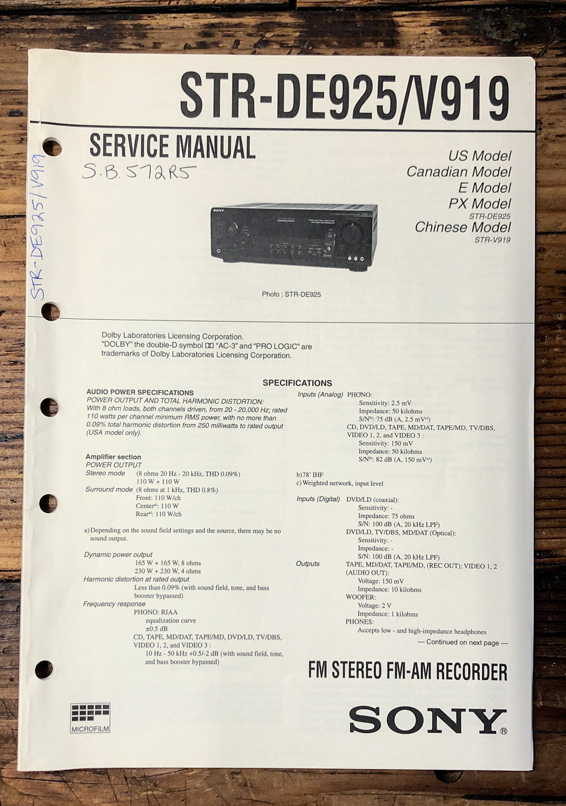 Sony STR-DE925 STR-V919 Receiver Service Manual *Original*