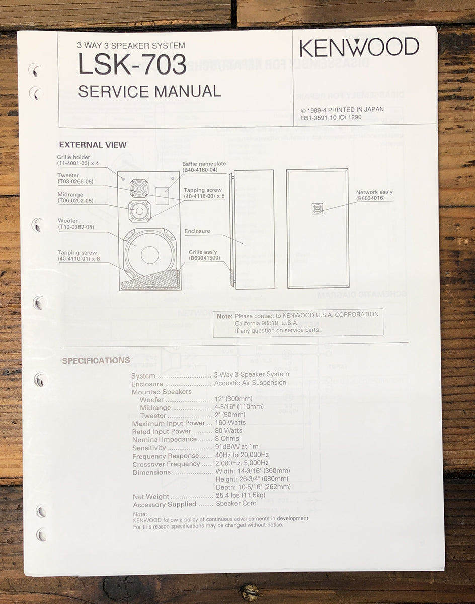 Kenwood LSK-703 Speaker Service Manual *Original*