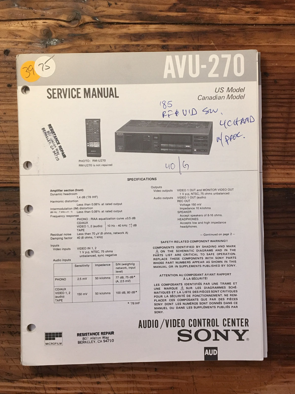 Sony AVU-270 AV Control Center Service Manual *Original*