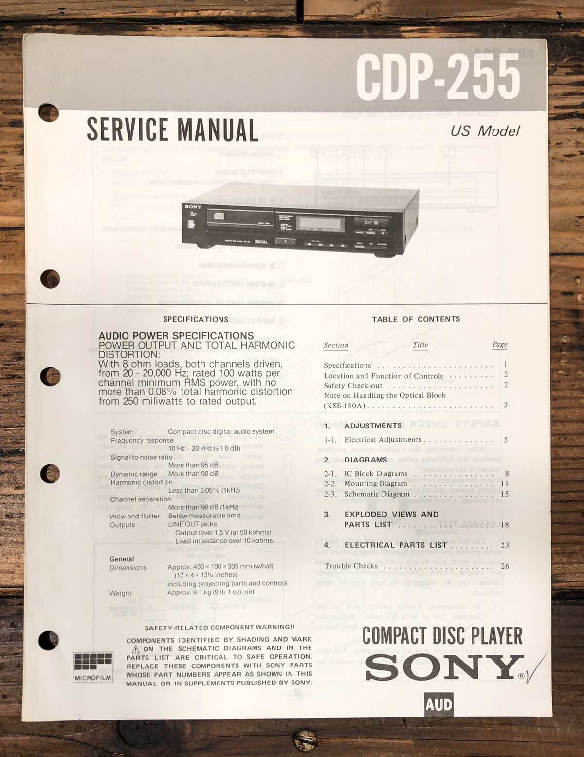 Sony CDP-255 CD Player Service Manual *Original*