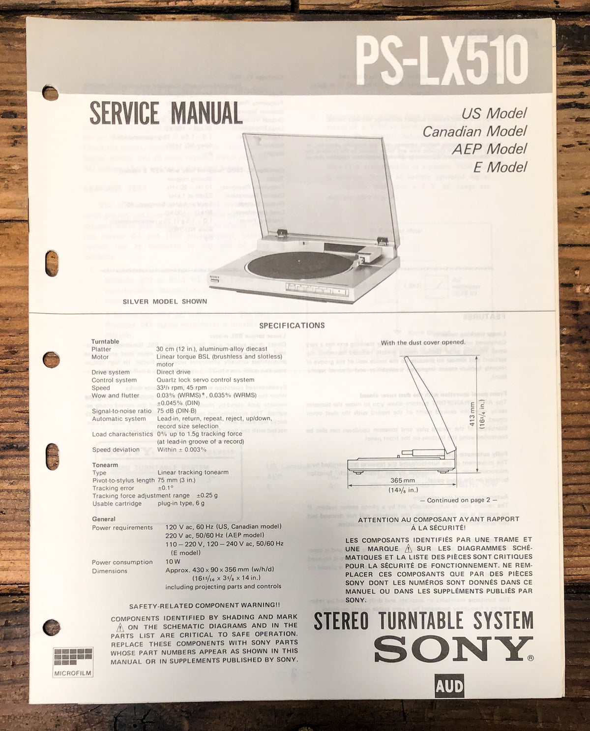 Sony PS-LX510 Record Player / Turntable Service Manual *Original*