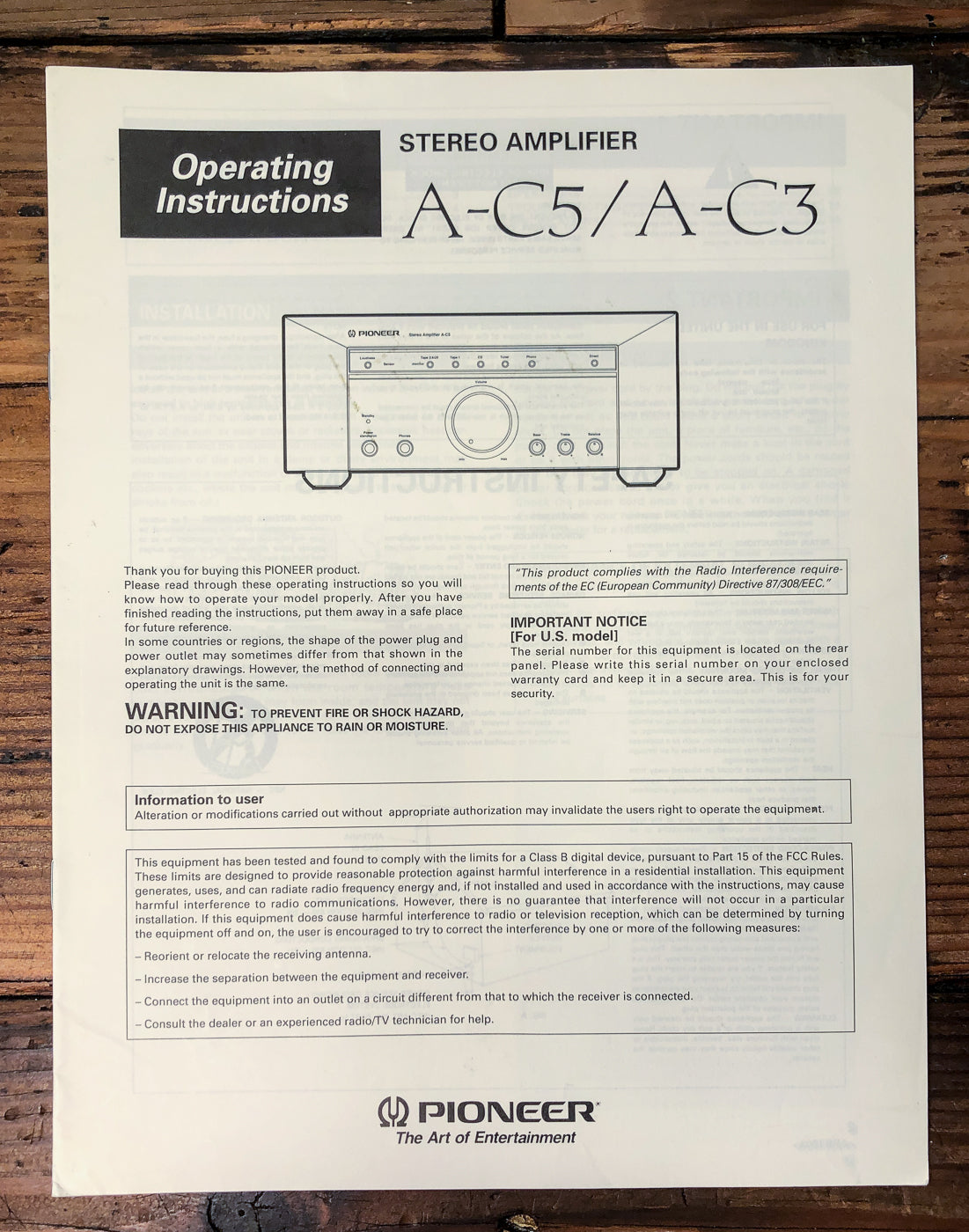 Pioneer A-C5 A-C3 Amplifier Owners / User Manual *Original*