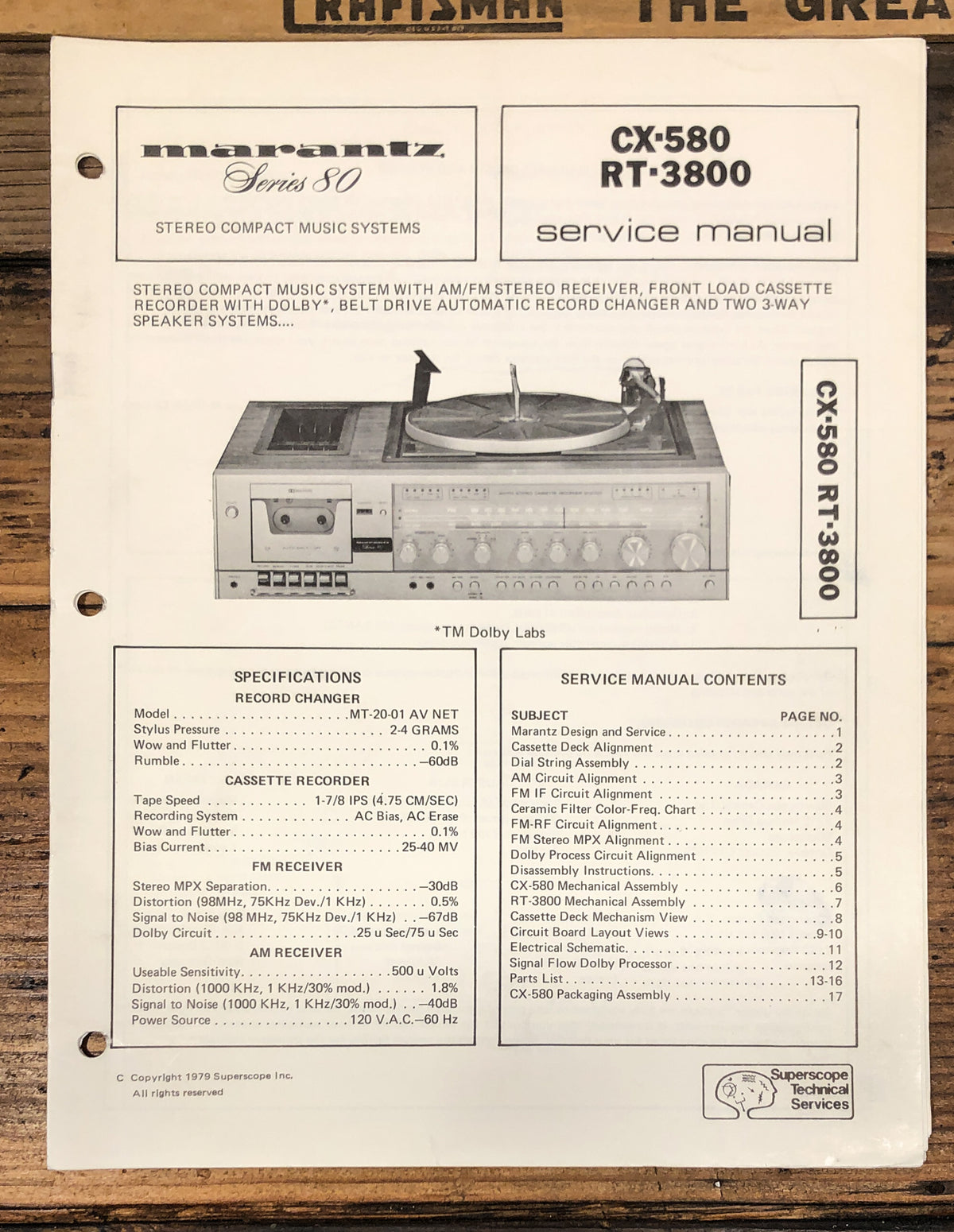 Marantz CX-580 RT-3800 Turntable / Stereo Service Manual *Original*