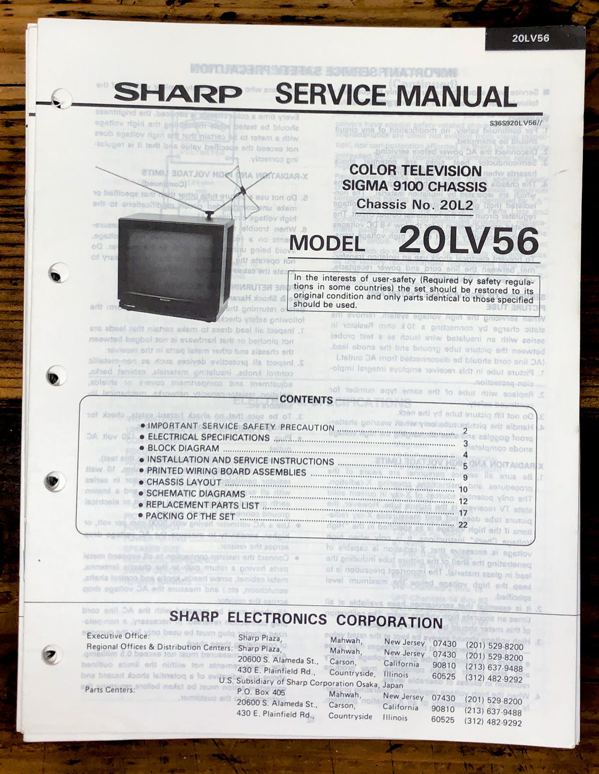 Sharp 20LV56 TV / Television Service Manual *Original*