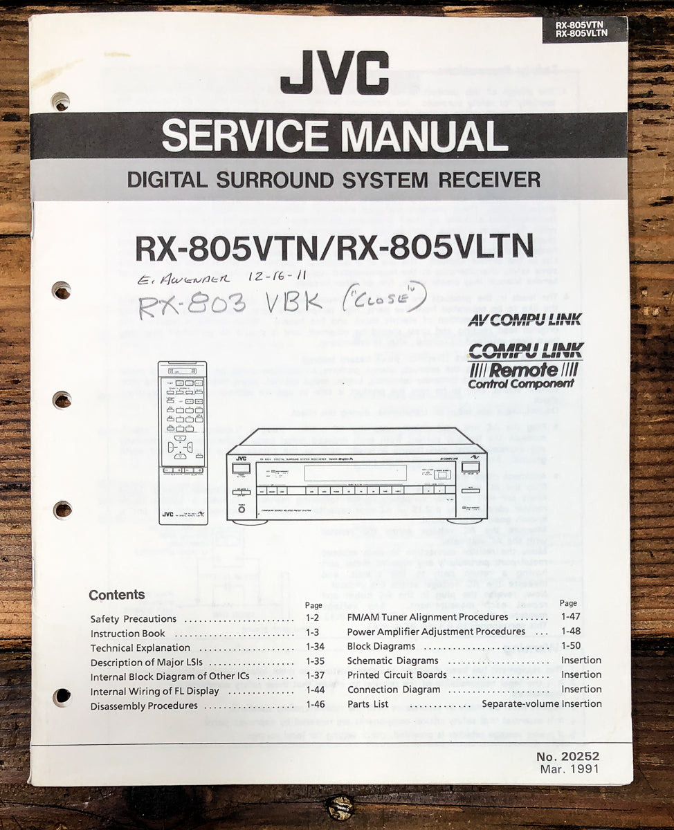JVC RX-805 RX-805 VTN Receiver Service Manual *Original*
