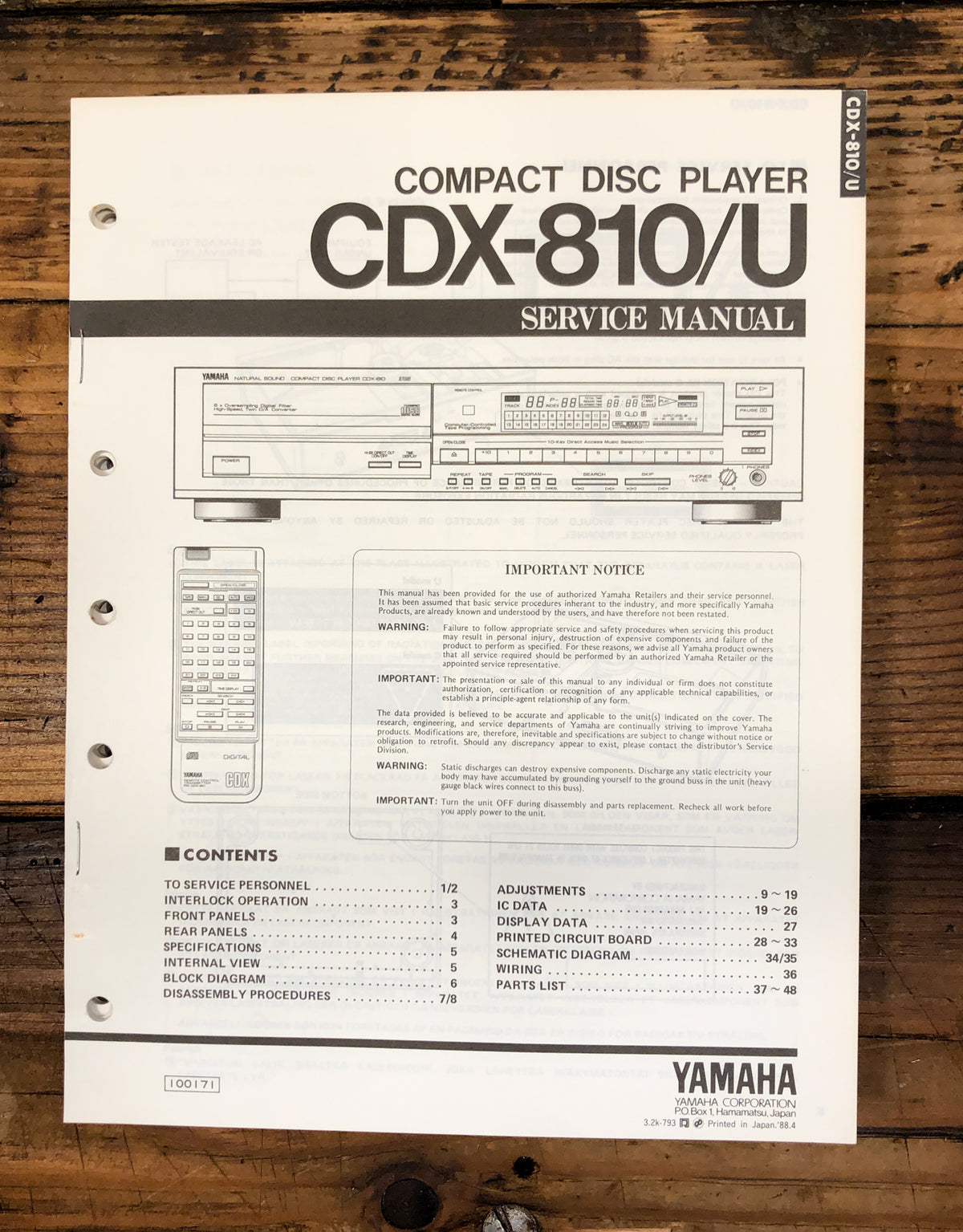 Yamaha CDX-810 CDX-810U CD Player Service Manual *Original*
