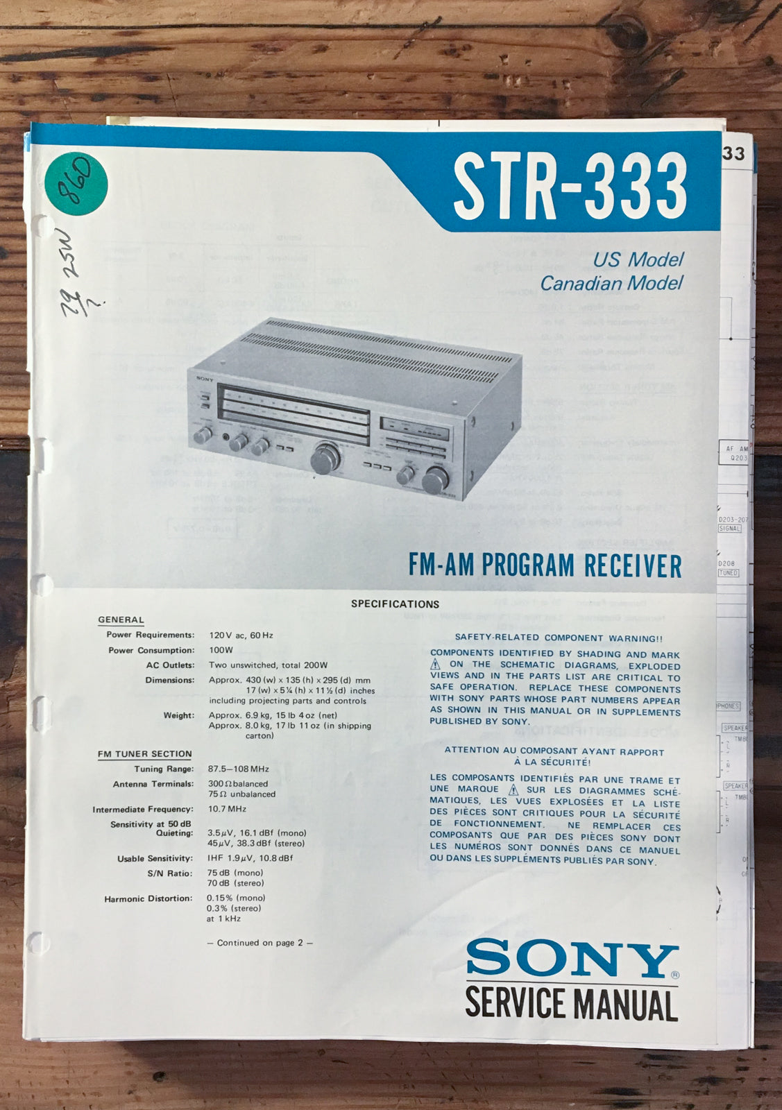 Sony STR-333 Receiver Service Manual *Original*