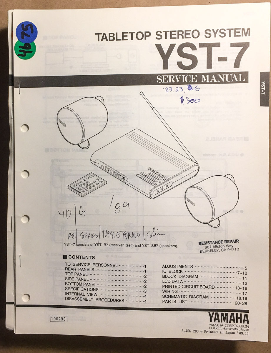 Yamaha YST-7 Stereo Service Manual *Original*