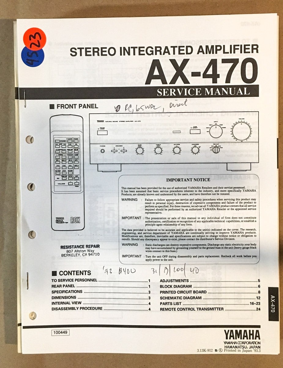 Yamaha AX-470 Amplifier Service Manual *Original*