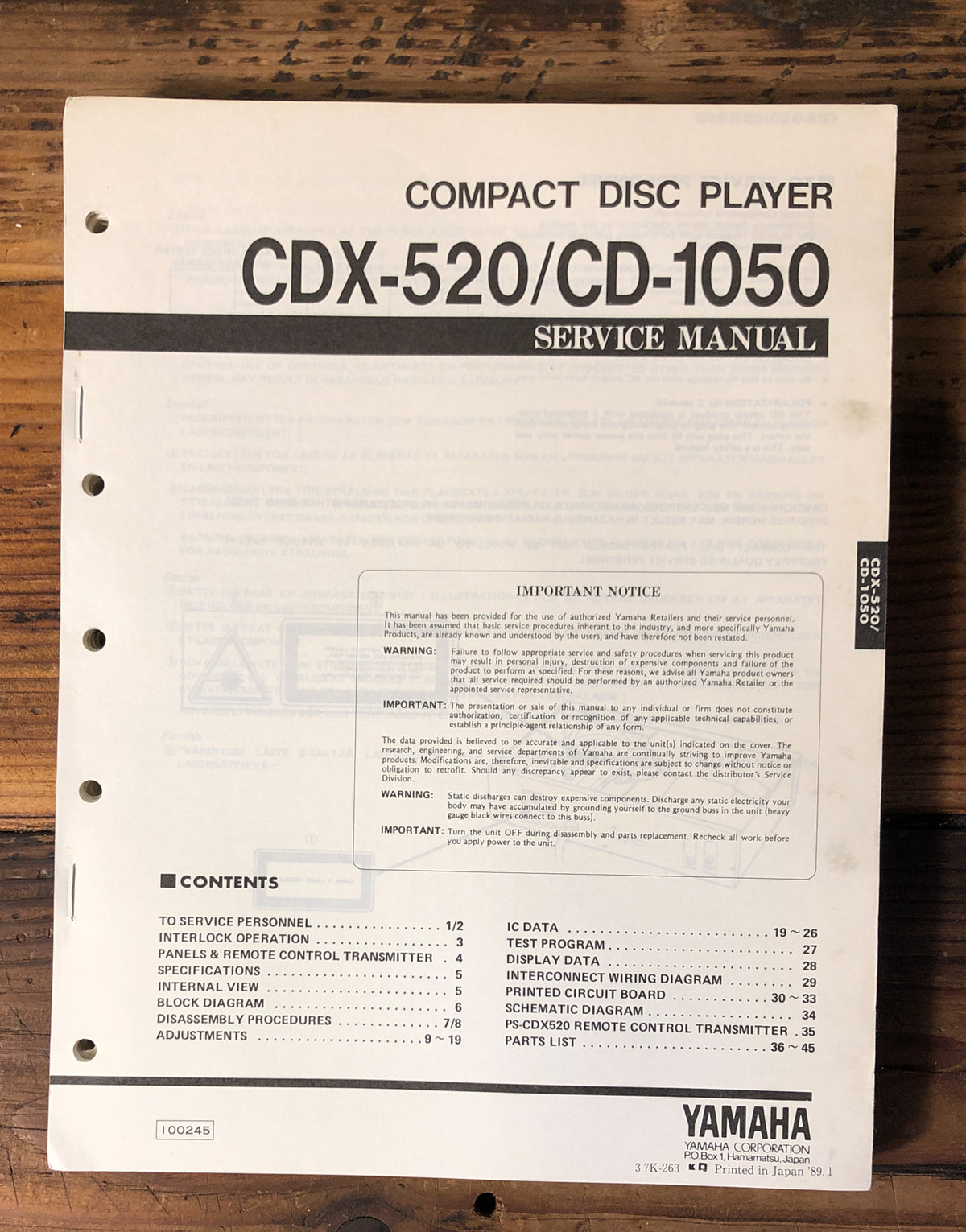 Yamaha CDX-520 CD-1050 CD Player Service Manual *Original*