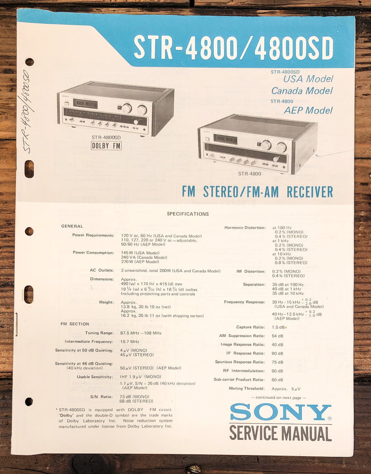Sony STR-4800 STR-4800SD Receiver Service Manual *Original*