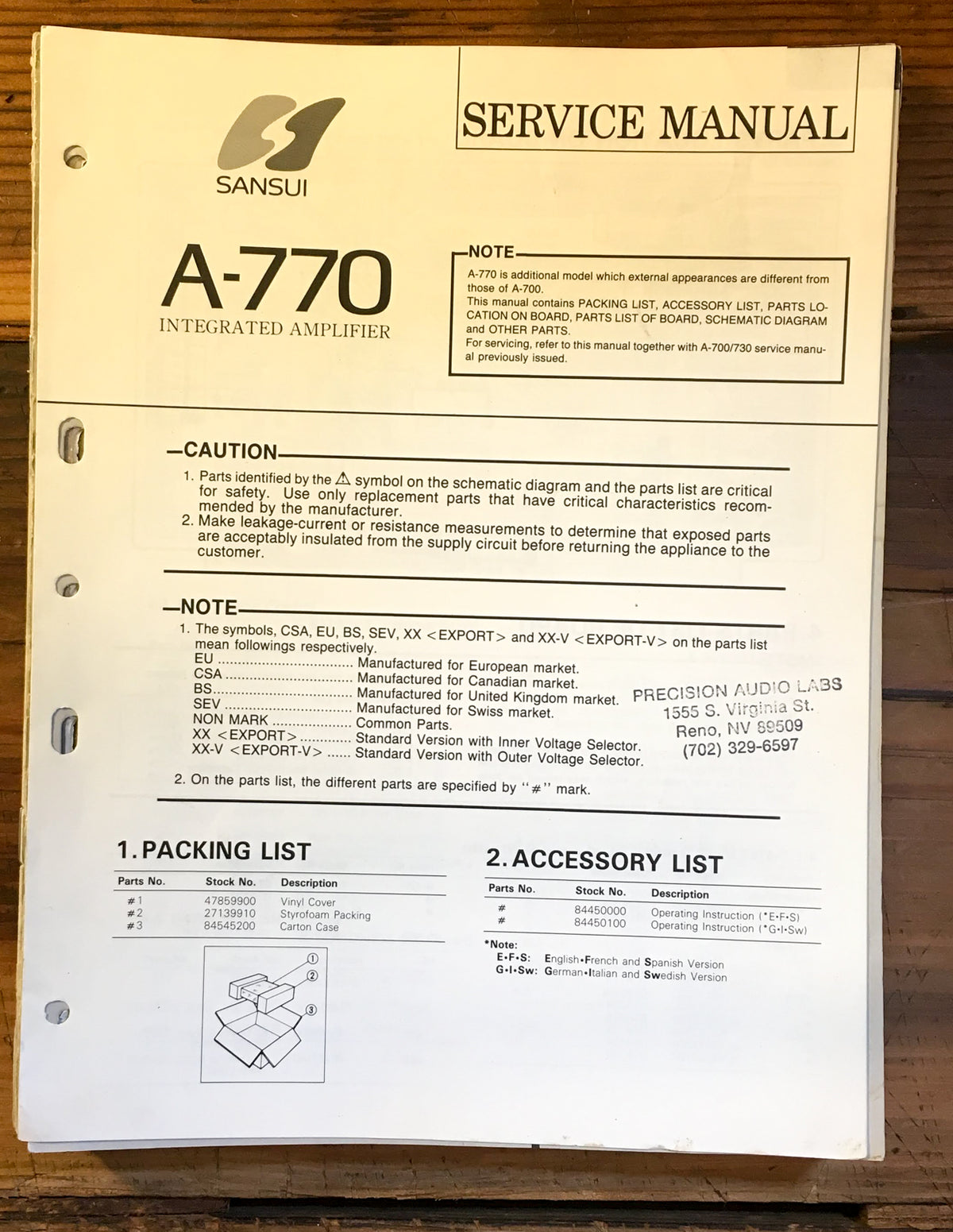 Sansui A-770 Amplifier Service Manual *Original*