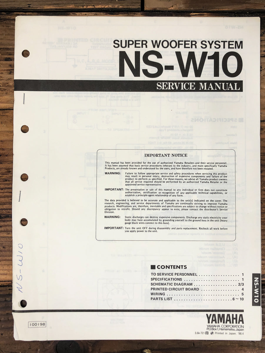 Yamaha NS-W10 Super Woofer Service Manual *Original*