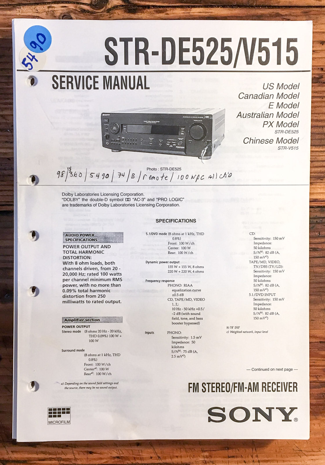Sony STR-DE525 STR-V515 Receiver Service Manual *Original*