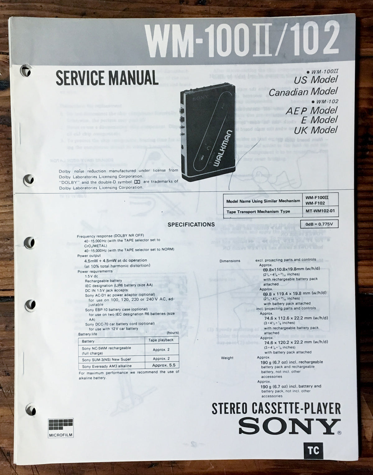 Sony WM-100 ii WM-102 Cassette Service Manual *Original*
