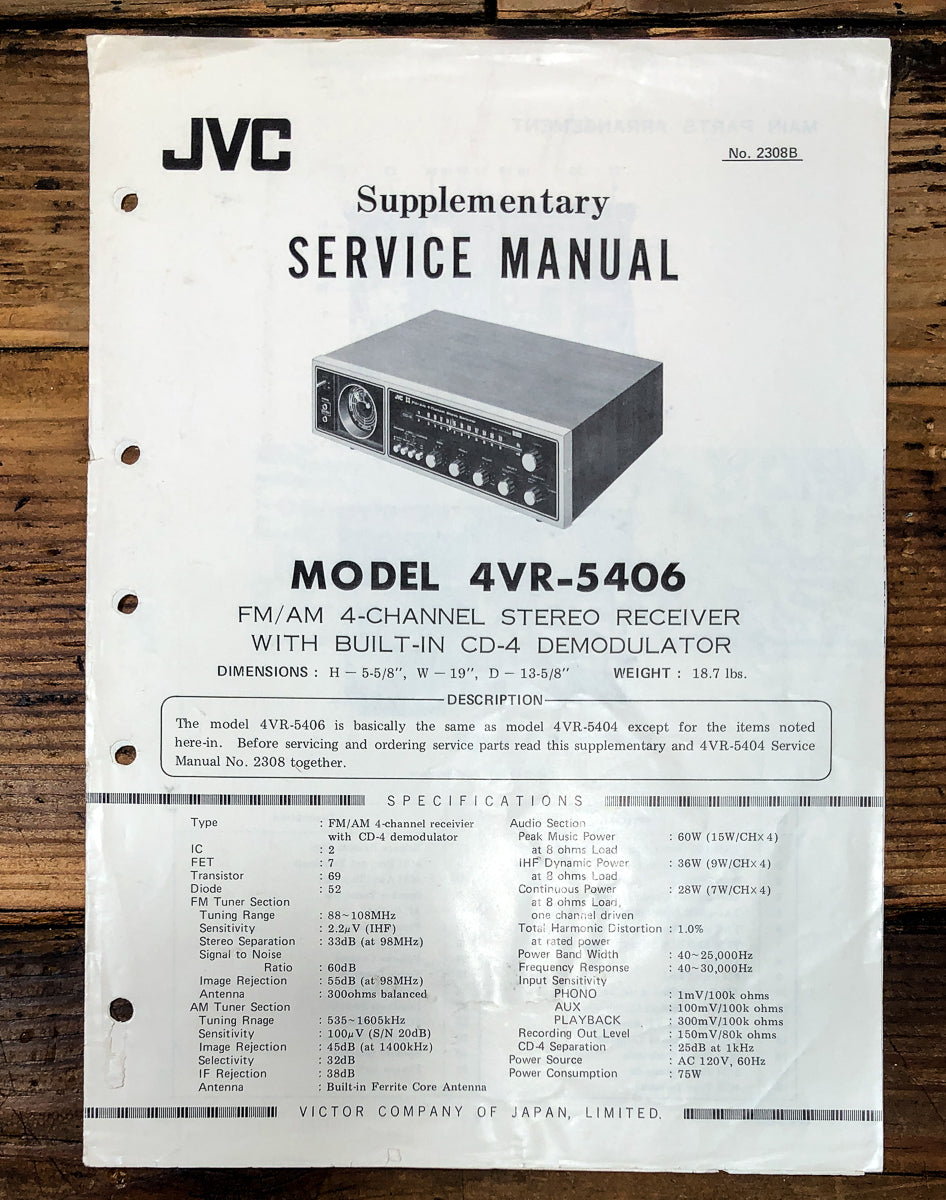 JVC 4VR-5406 Receiver Supp. Service Manual *Original*