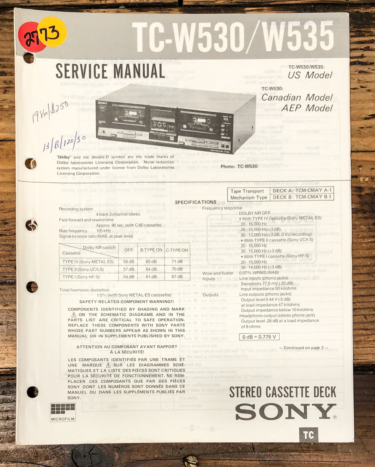 Sony TC-W530 TC-W535 Cassette Service Manual *Original*