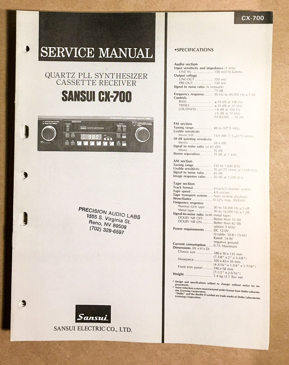 Sansui CD-X700 Car CD Player Service Manual *Original*