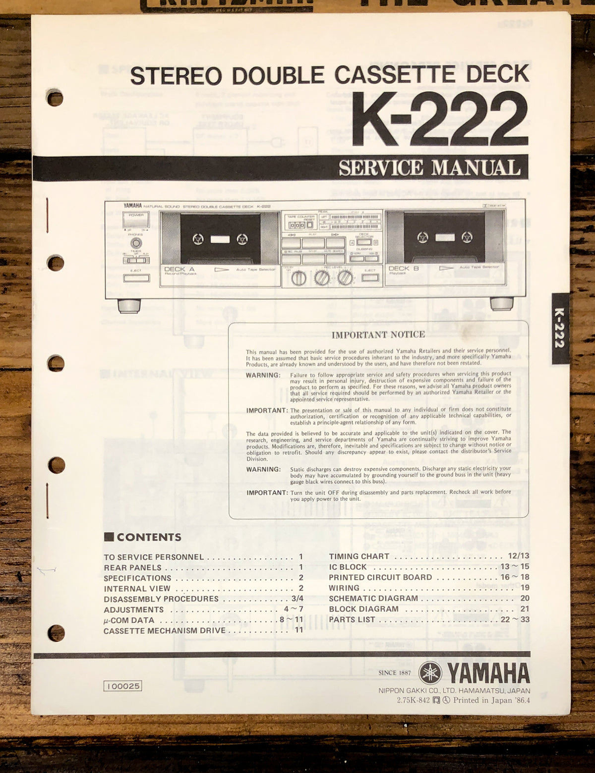 Yamaha K-222 Cassette Service Manual *Original*