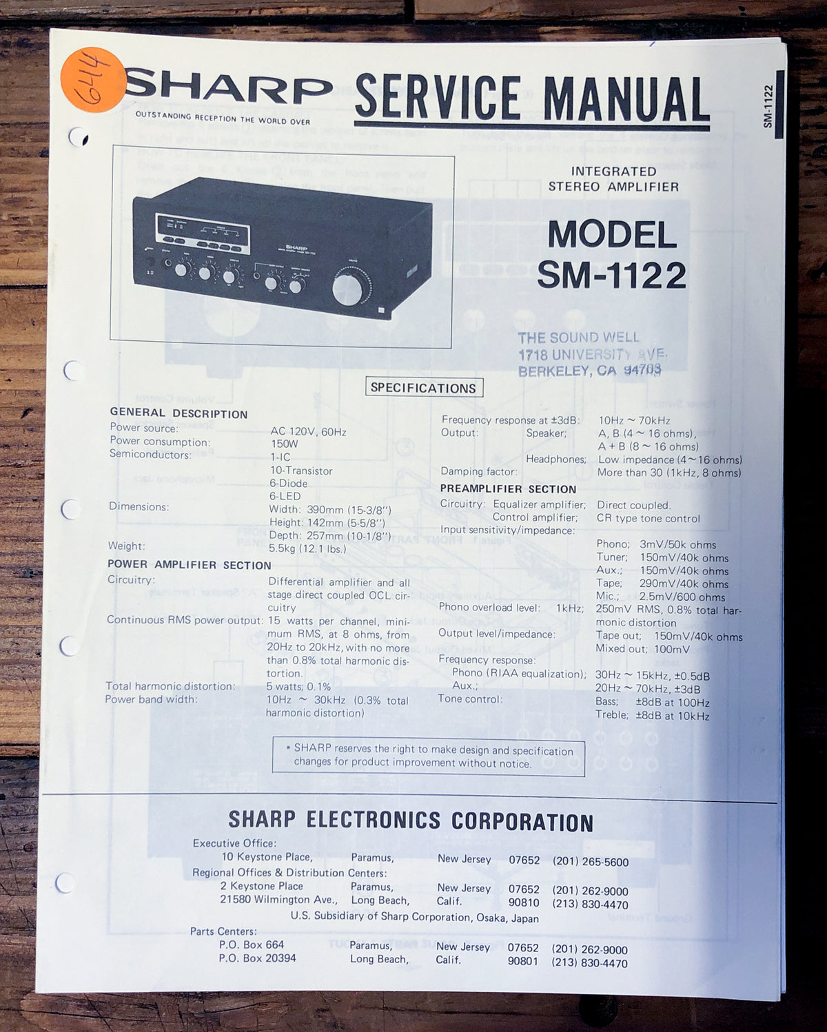 Sharp SM-1122 Amplifier Service Manual *Original*