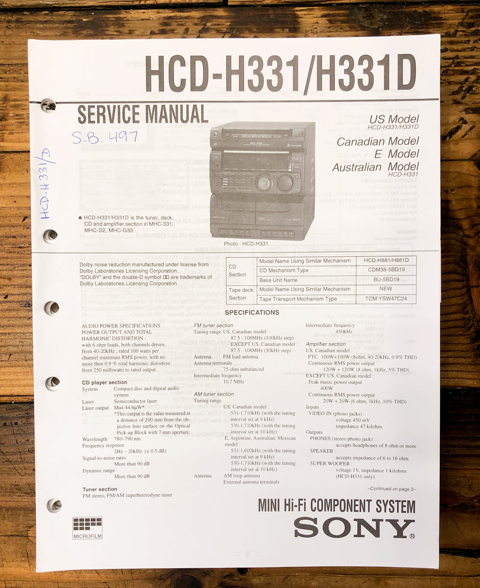 Sony HCD-H331 HCD-H331D Stereo Service Manual *Original*