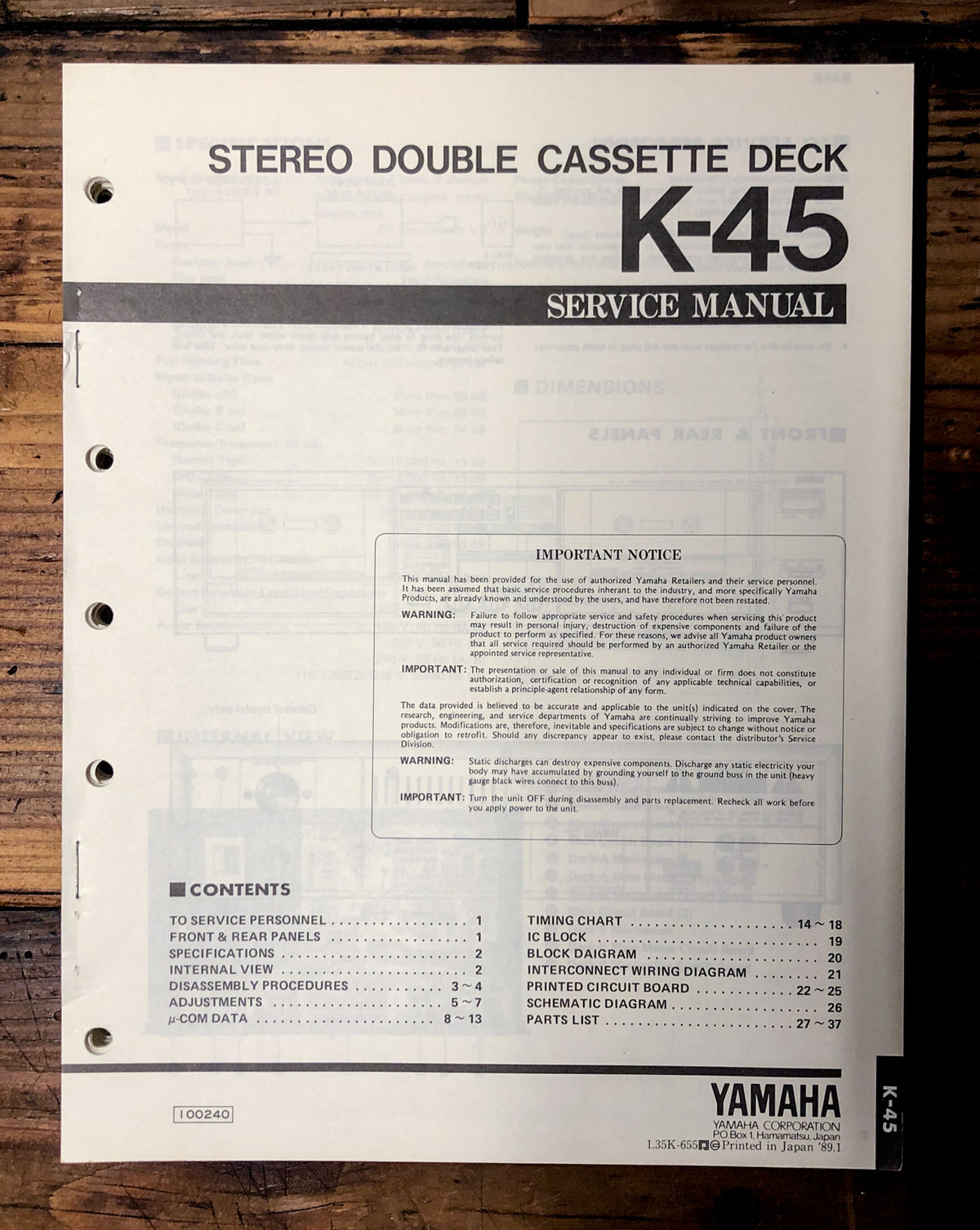 Yamaha K-45 Cassette Service Manual *Original*