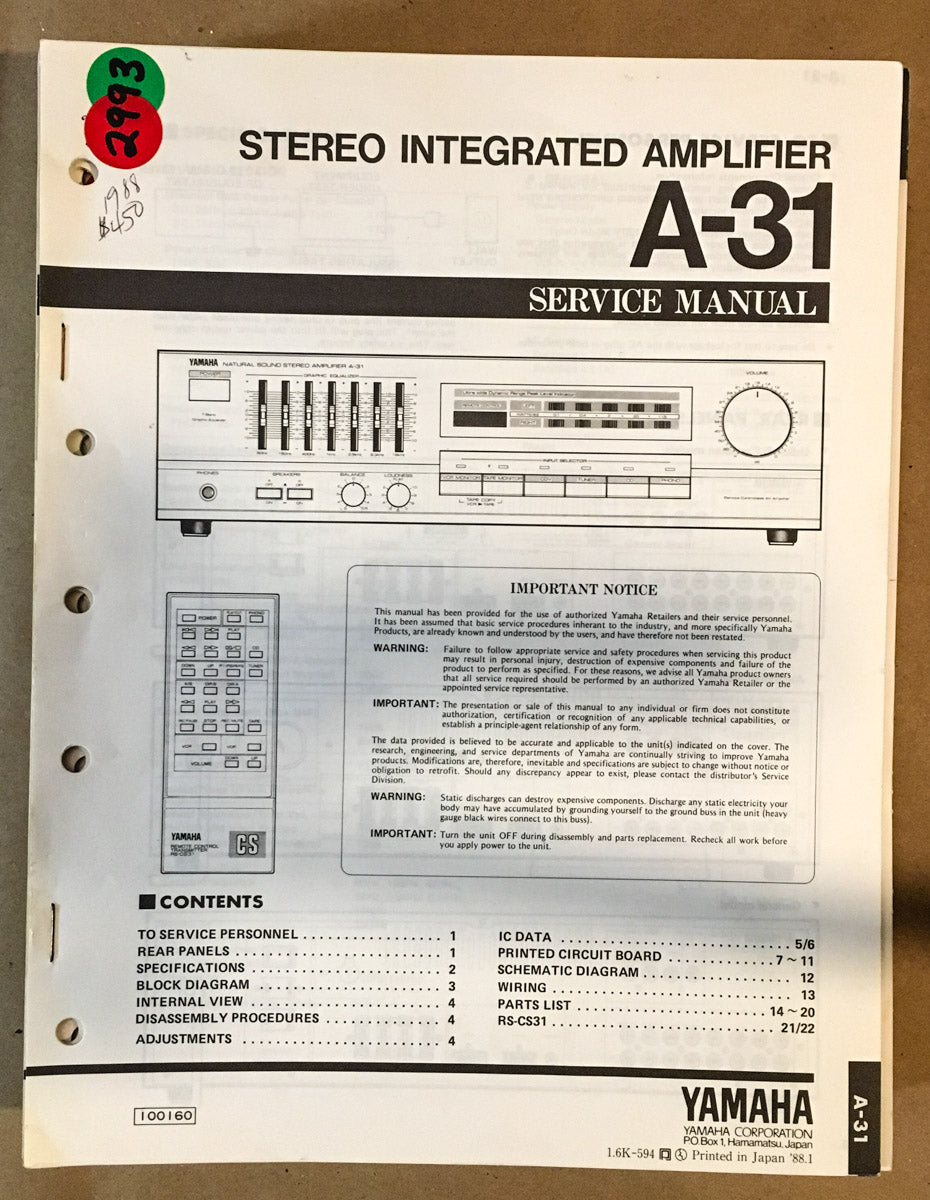 Yamaha A-31 Amplifier Service Manual *Original*
