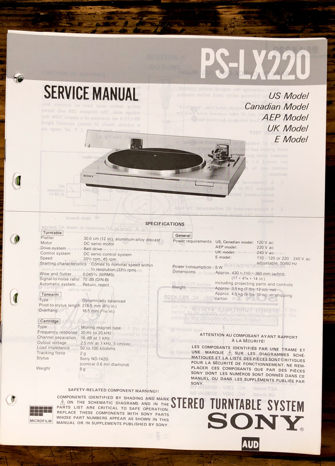 Sony PS-LX220 Record Player / Turntable Service Manual *Original*