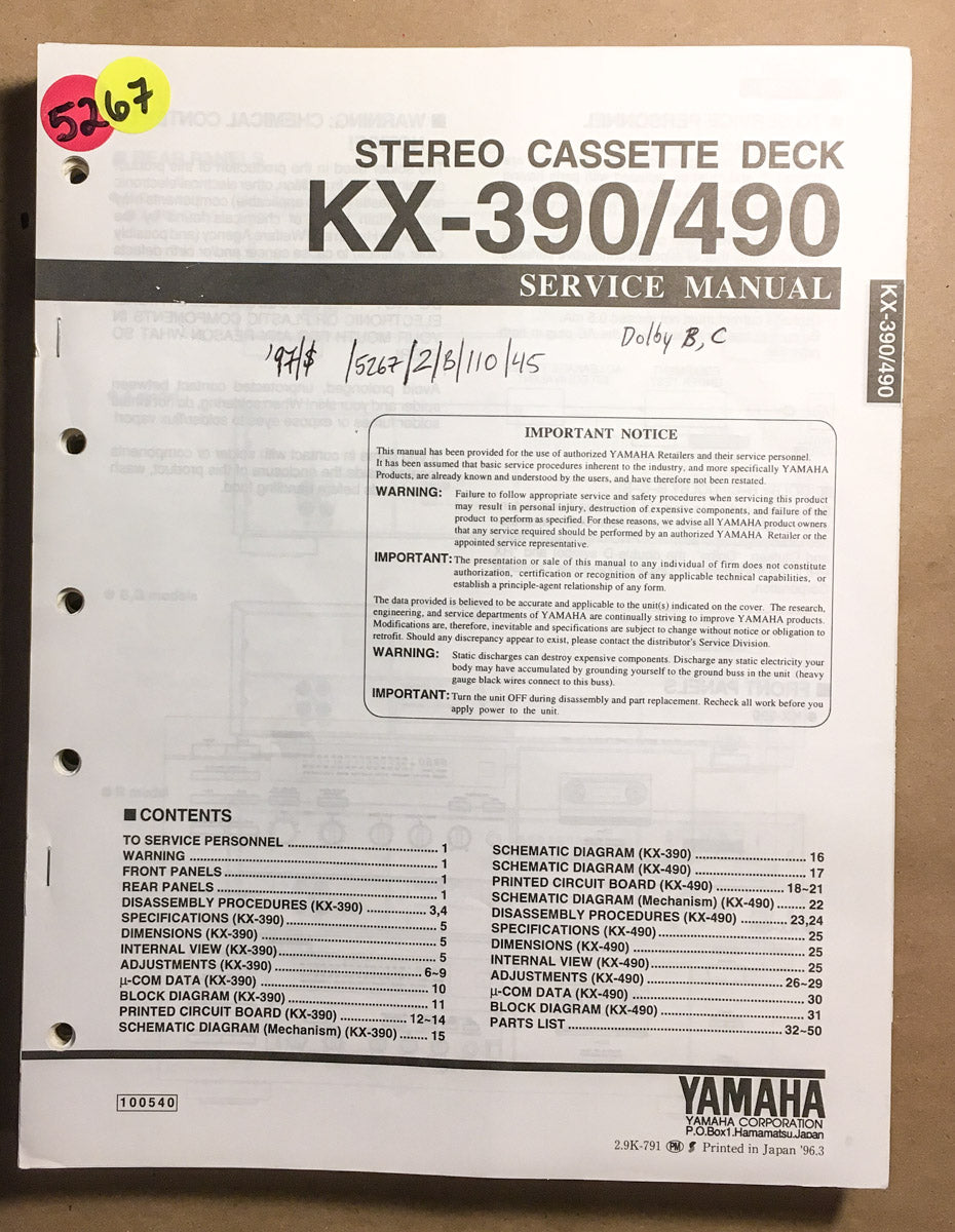 Yamaha KX-390 KX-490 Cassette Service Manual *Original*