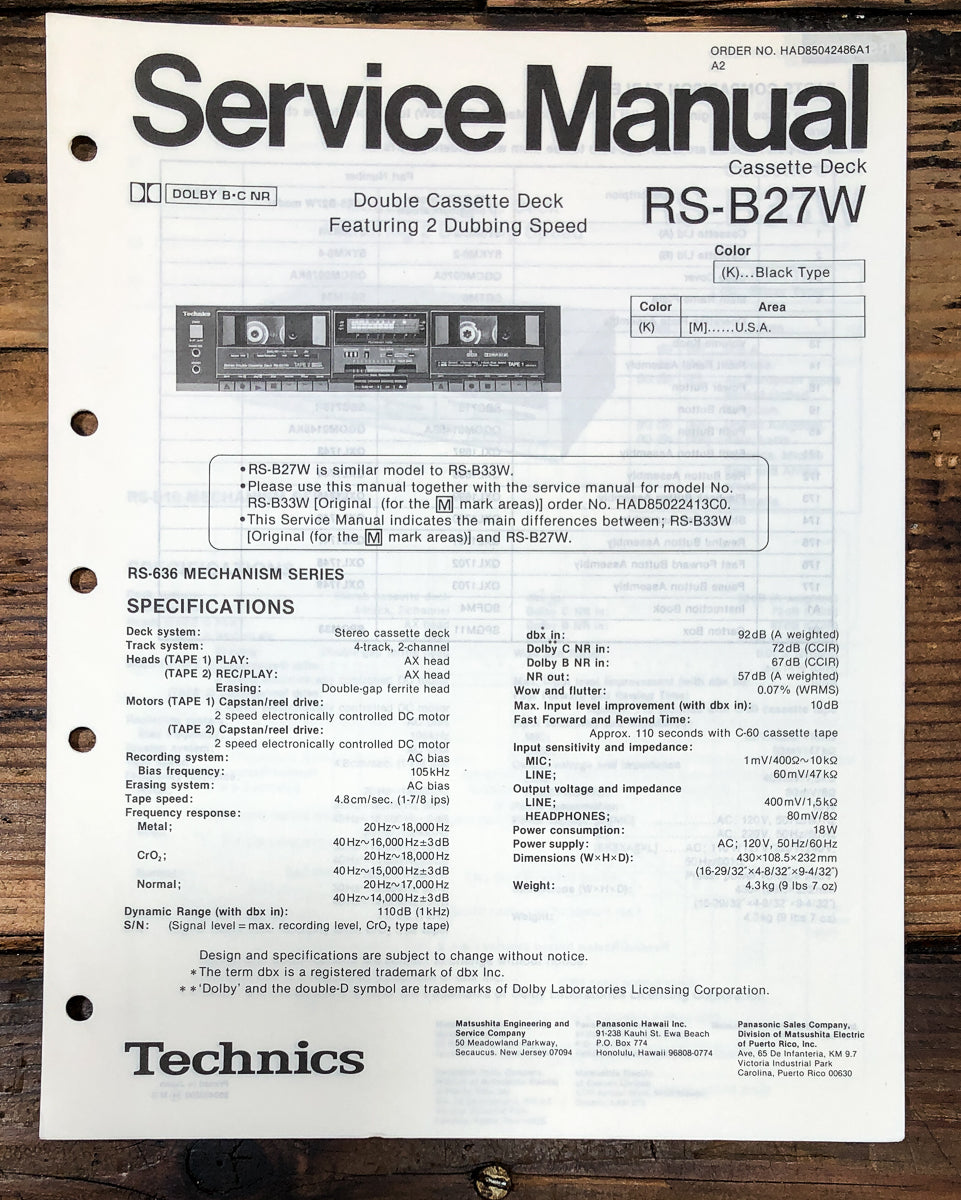 Technics RS-B27W Cassette Service Manual *Original*