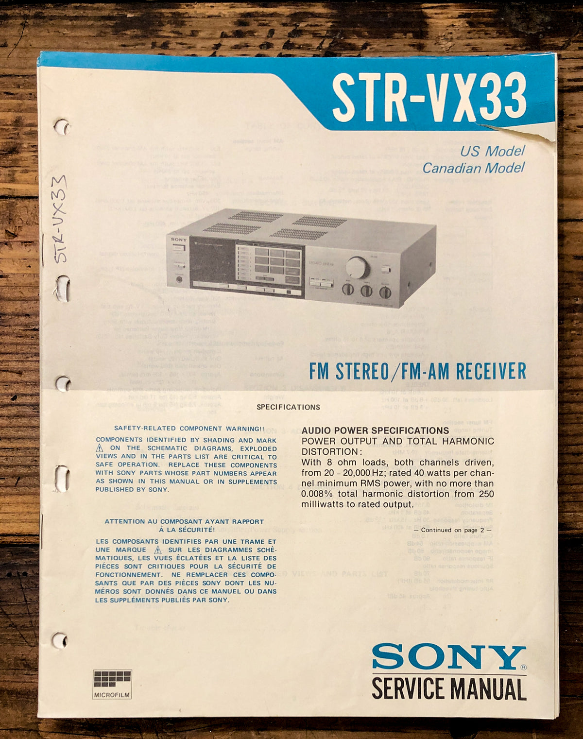 Sony STR-VX33 Receiver Service Manual *Original*
