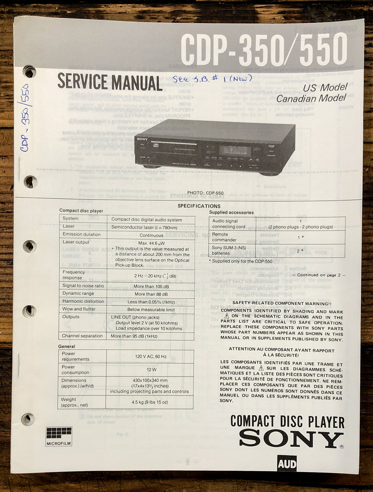Sony CDP-350 CDP-550 CD Player Service Manual *Original*