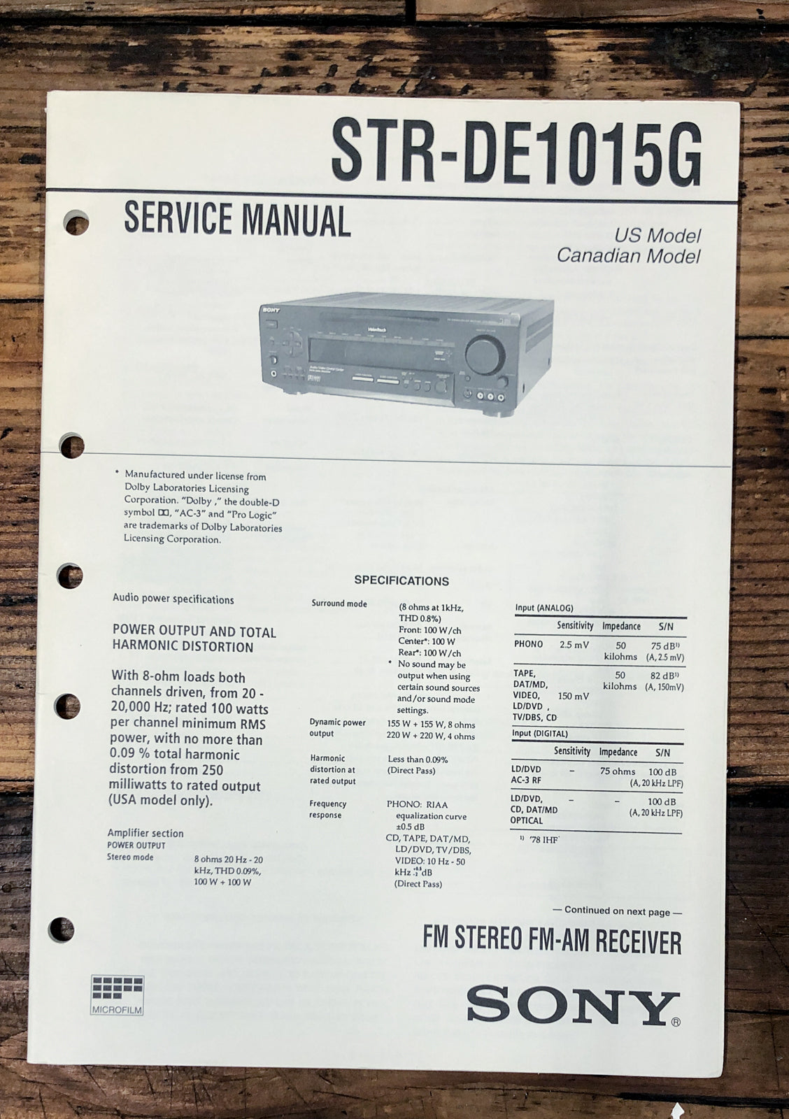 Sony STR-DE1015G Receiver Service Manual *Original*