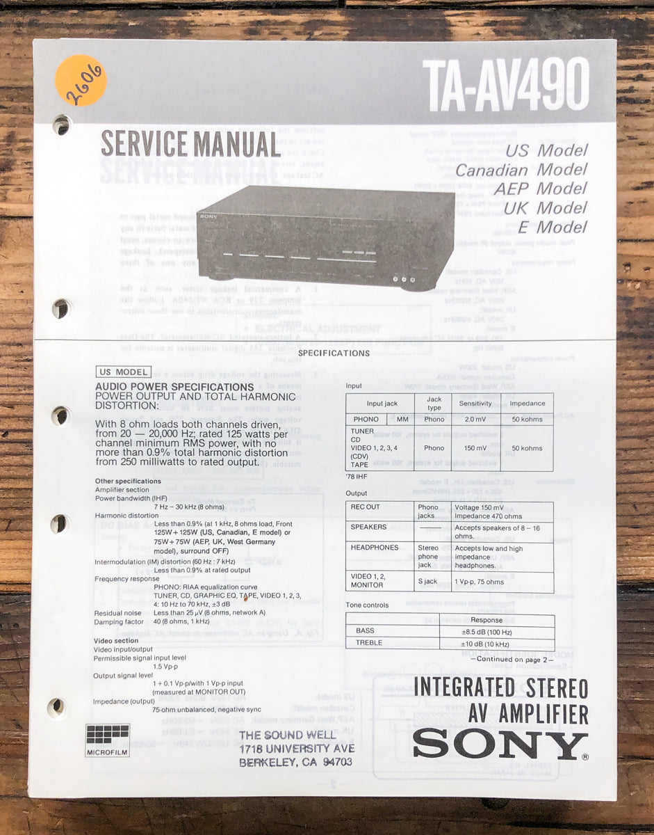 Sony TA-AV490 Amplifier Service Manual *Original*