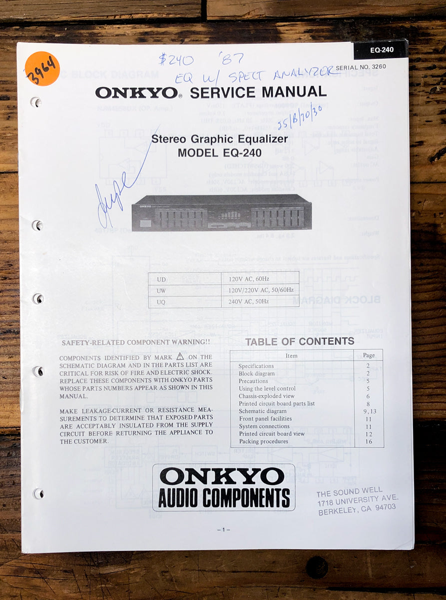 Onkyo EQ-240 Equalizer Service Manual *Original*