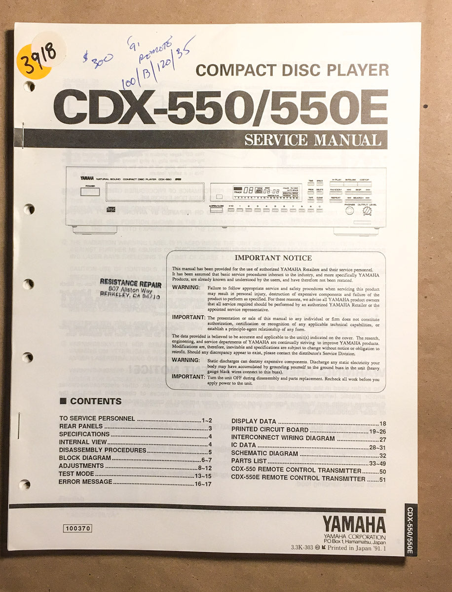 Yamaha CDX-550 CDX-550E CD Player Service Manual *Original*