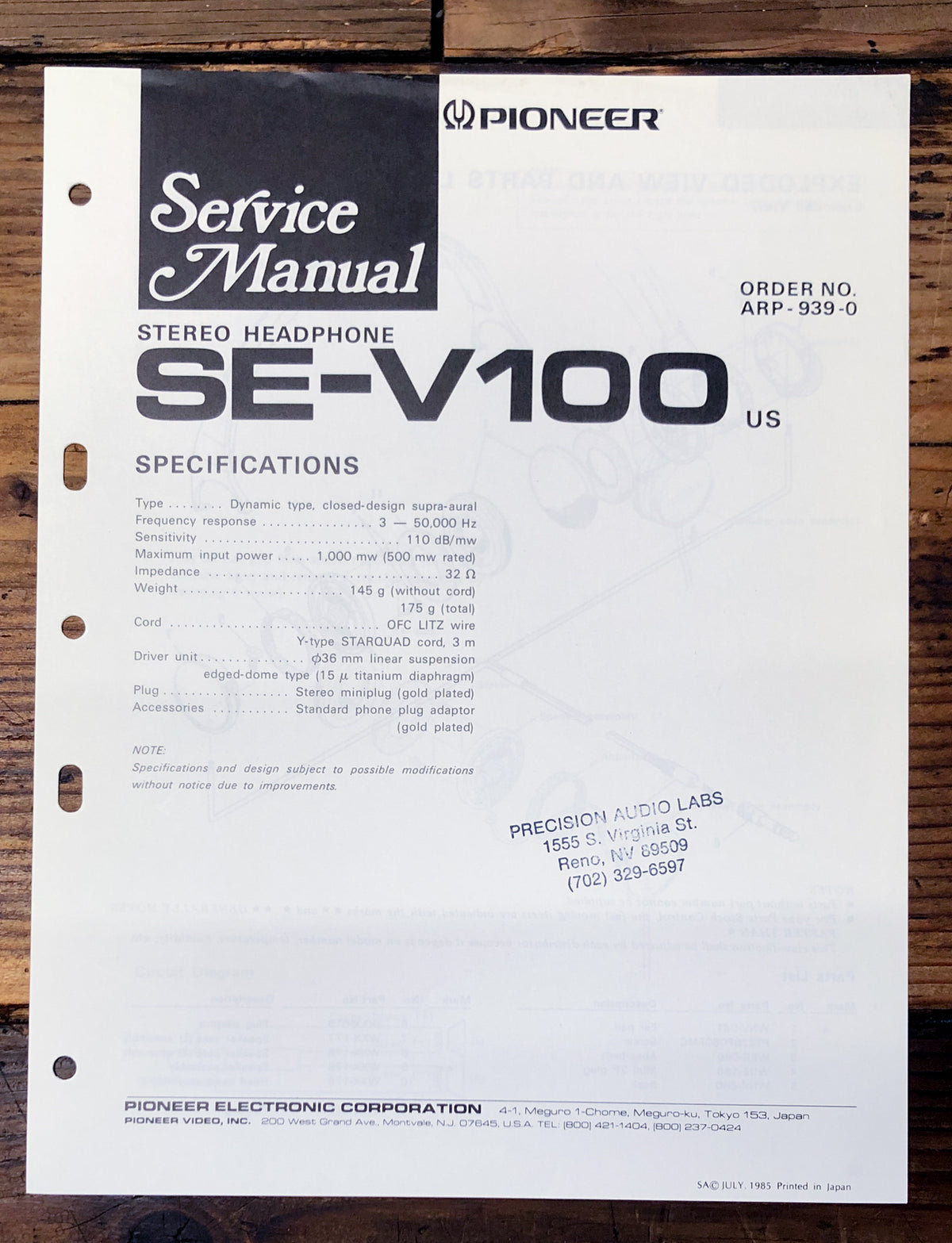Pioneer SE-V100 Headphones Service Manual *Original*