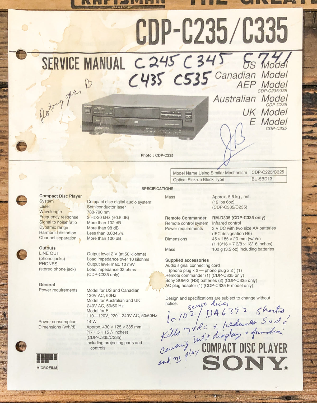 Sony CDP-C235 CDP-C335 CD Player Service Manual *Original*