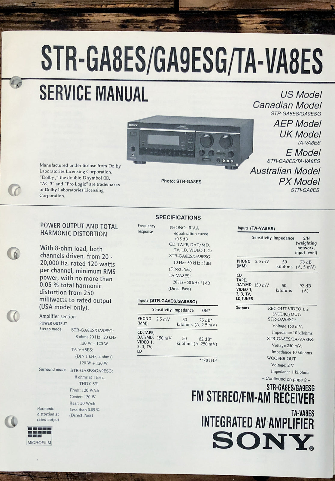 Sony STR-GA8ES -GA9ESG TA-VA8ES Receiver Service Manual *Original*