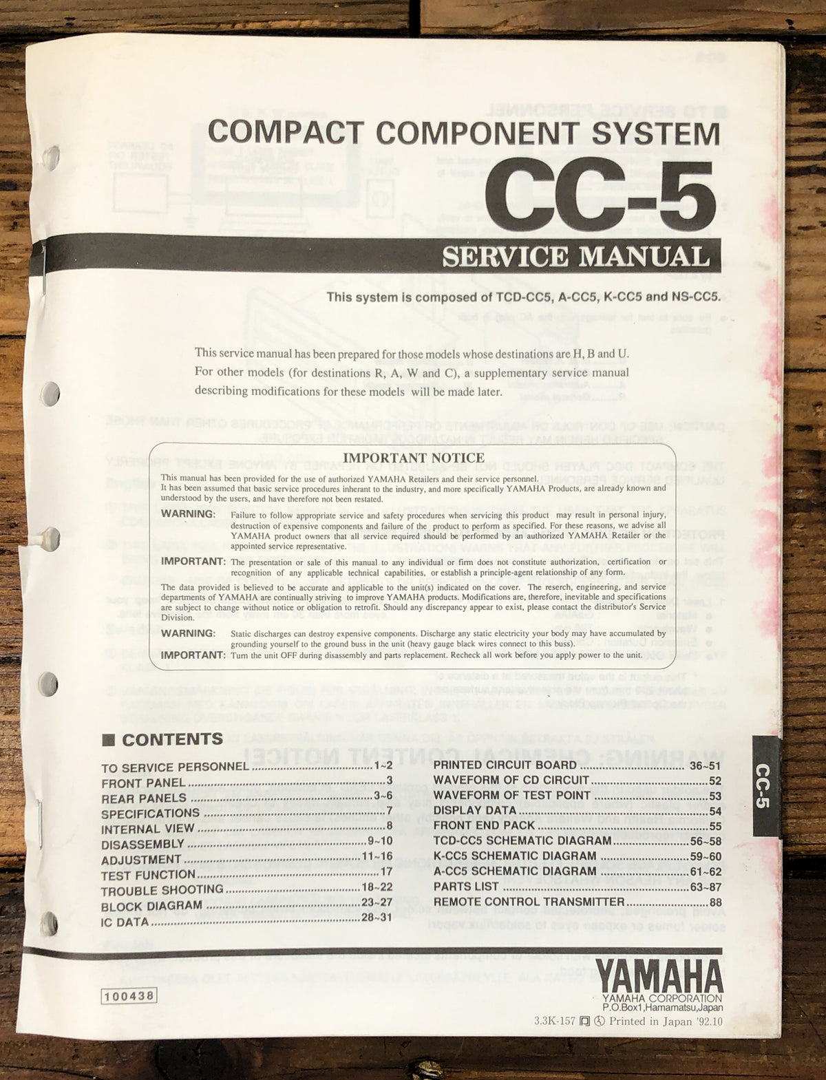 Yamaha CC-5 Stereo Service Manual *Original*