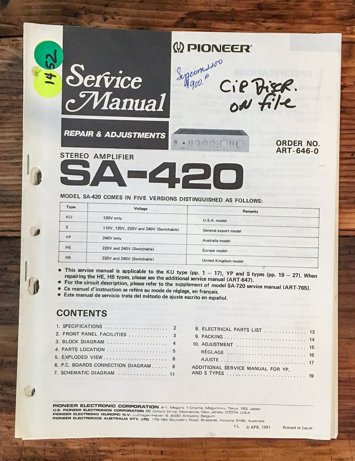 Pioneer SA-420 Amplifier Service Manual *Original*