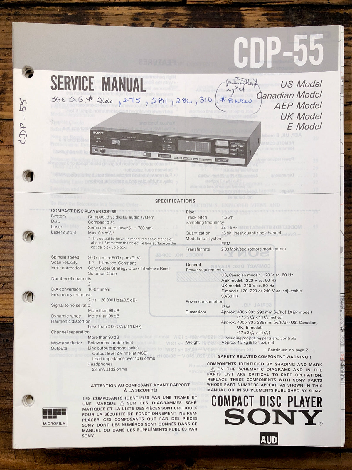 Sony CDP-55 CD Player Service Manual *Original*