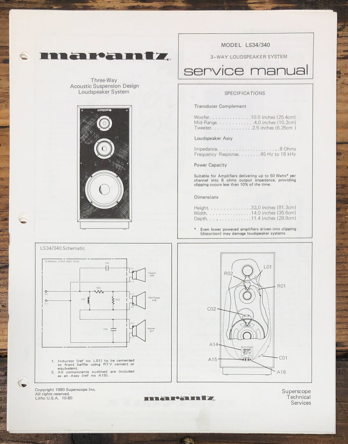 Marantz LS340 LS 340 Speaker Service Data Sheet *Original*