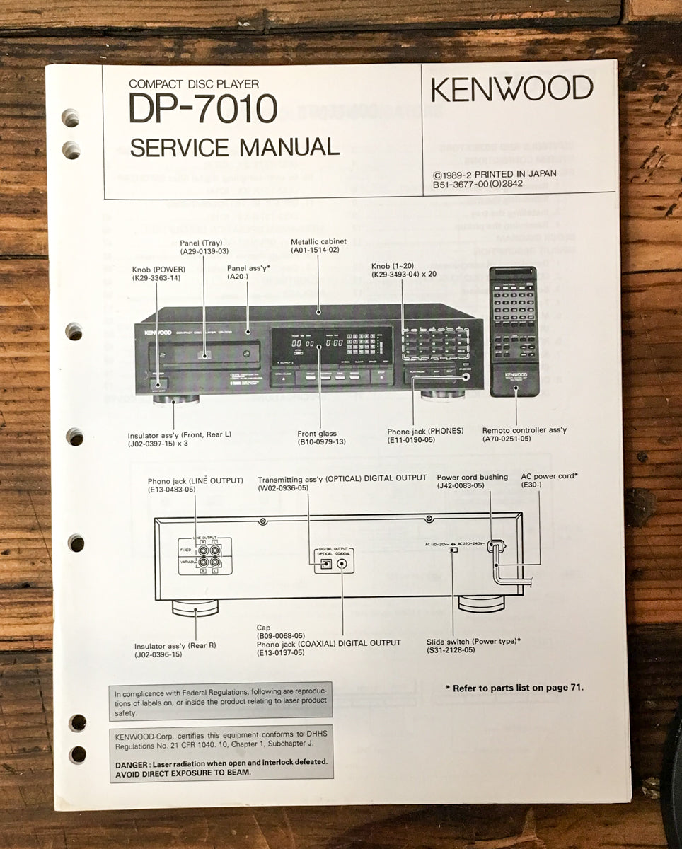 Kenwood DP-7010 CD Player Service Manual *Original*