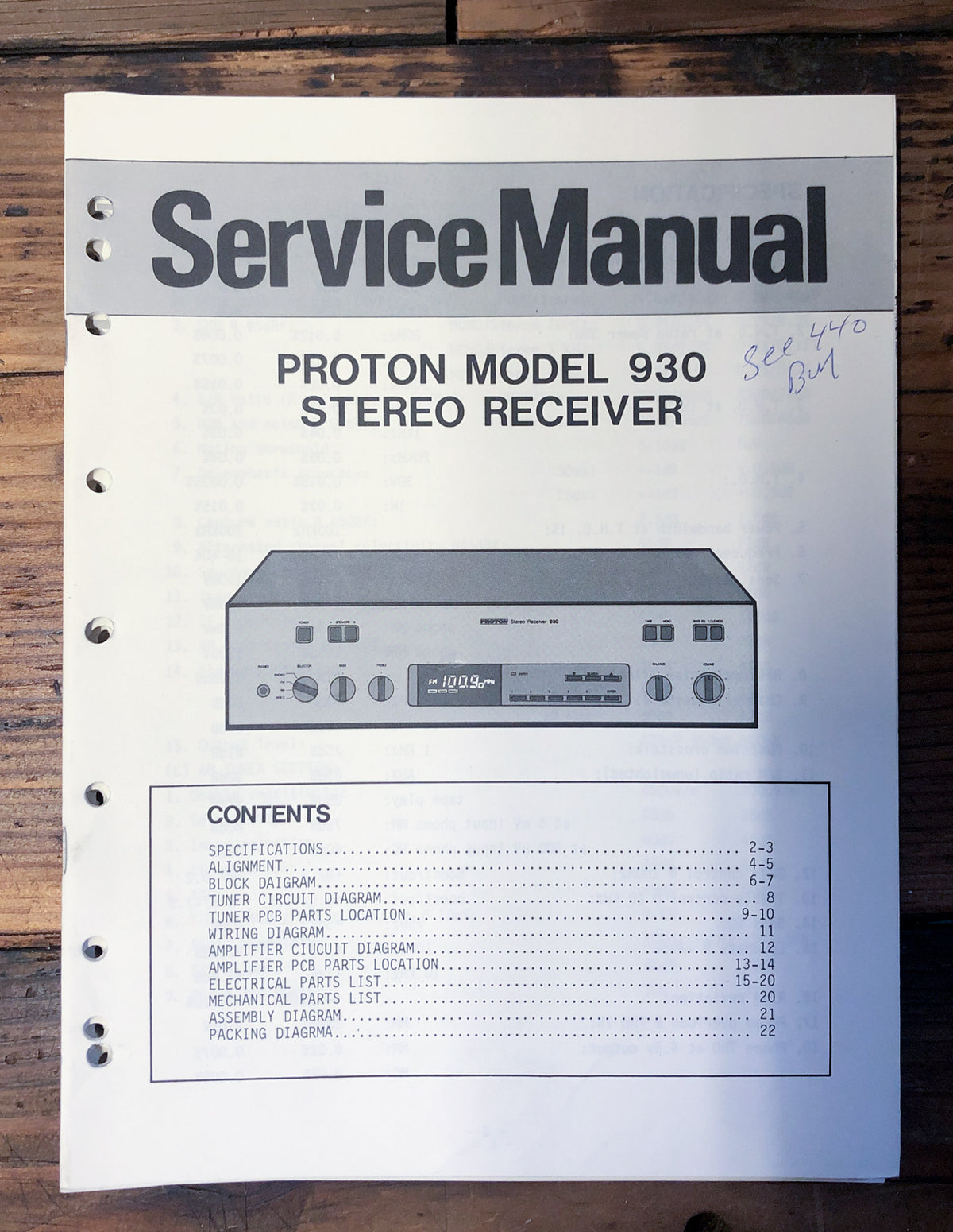 Proton Model 930 Receiver Service Manual *Original*
