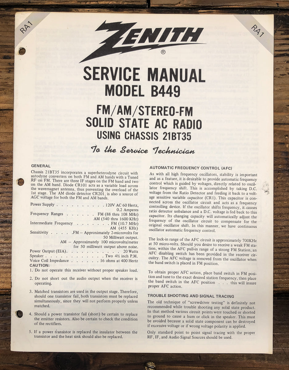 Zenith Model B449 Radio Service Manual *Original*