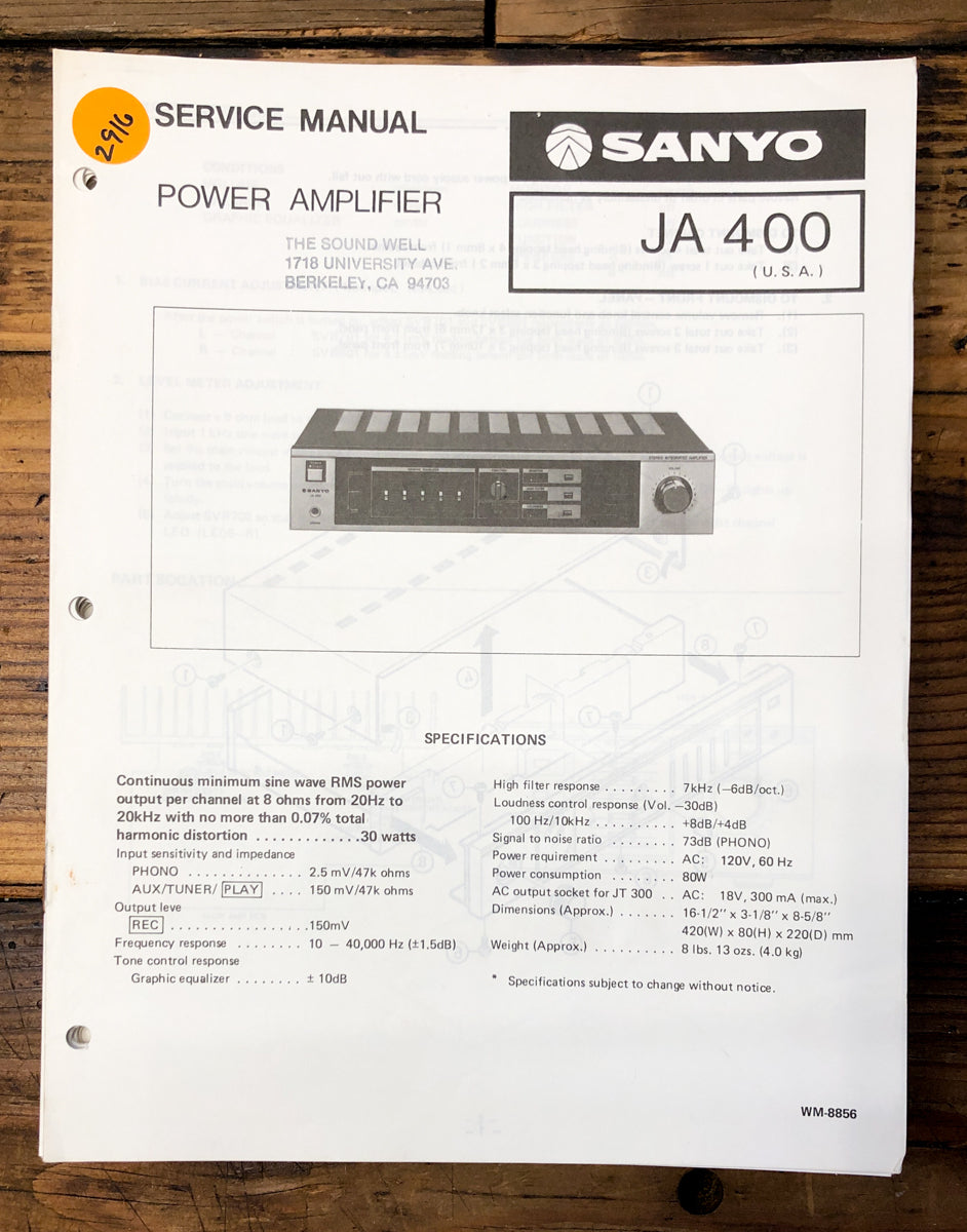 Sanyo JA400 JA-400 Amplifier Service Manual *Original*